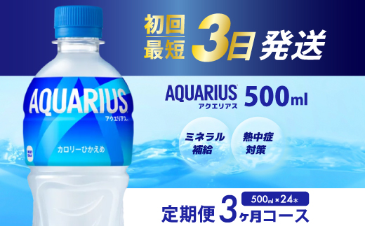 【3か月定期便】アクエリアス PET 500ml×24本(1ケース) 最短3日で発送 スポーツドリンク スポーツ飲料 清涼飲料水 水分補給 ペットボトル 箱買い まとめ買い 014017