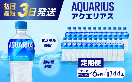 【6か月定期便】アクエリアス PET 500ml×24本(1ケース) 最短3日で発送 スポーツドリンク スポーツ飲料 清涼飲料水 水分補給 ペットボトル 箱買い まとめ買い 014018