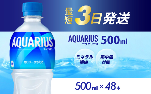 アクエリアス PET 500ml×48本（24本×2ケース）最短3日で発送 スポーツドリンク スポーツ飲料 清涼飲料水 水分補給 ペットボトル 箱買い まとめ買い 備蓄 災害用 014042