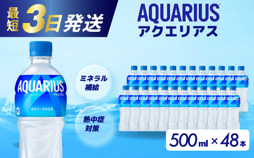 アクエリアス PET 500ml×48本（24本×2ケース）最短3日で発送 スポーツドリンク スポーツ飲料 清涼飲料水 水分補給 ペットボトル 箱買い まとめ買い 備蓄 災害用 014042