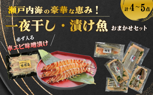 瀬戸内海の豪華な恵み！一夜干し・漬け魚おまかせセット（４～５パック） 魚 肴 おつまみ 海鮮 干物 車エビ 西京漬け 広島レモンサーモン 粕漬け 鯛 タイ ハモ カマス シズ 鱧 かます みそ漬け 味噌漬け ギフト 詰め合わせ プレゼント ギフト 瀬戸内 ランダム 食べくらべ お取り寄せ 056001