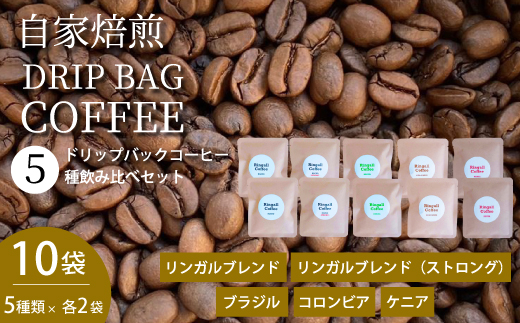 【自家焙煎】ドリップバックコーヒー 10個セット ５種飲み比べ 珈琲 ブレンド パック 広島県 三原市194002