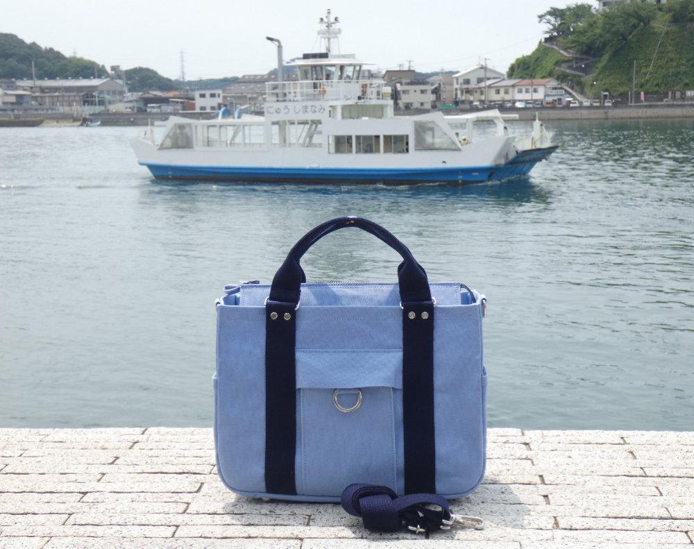 miniーKOGU (A4・ファスナー開閉）水色／紺　2WAY［尾道 帆布鞄 彩工房］
