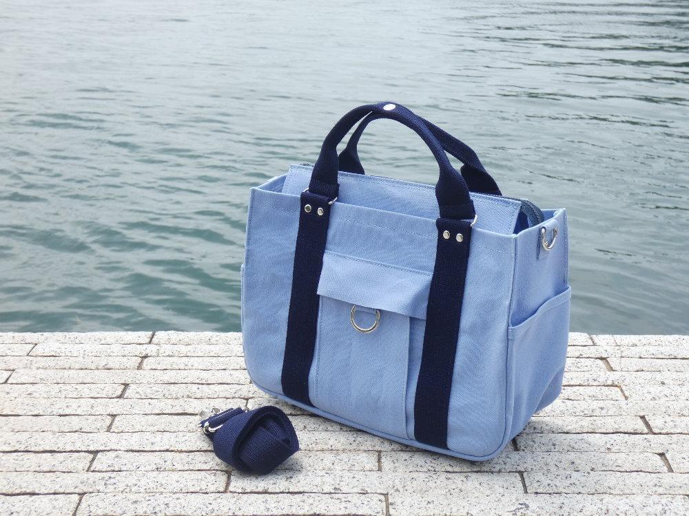 miniーKOGU (A4・ファスナー開閉）水色／紺　2WAY［尾道 帆布鞄 彩工房］