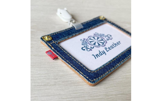 【ブルー】福山デニムとジビエレザー の名札・IDカードケース 広島県福山市/インディレザー ケース 名札 本革 レザー おしゃれ デニム [BAAN006]