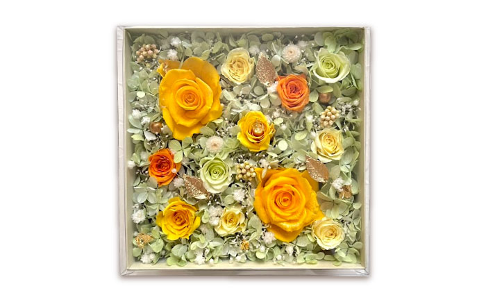 美しさ続く【貼の花箱】・イエロー　広島県福山市/花憐フラワースタジオ　プリザーブドフラワー 枯れない 長持ち プレゼント 花 誕生日 お祝い 結婚祝い 出産祝い 記念日 [BABO003]