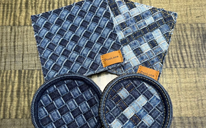 雑貨 デニム加工職人の手仕事から生まれた『デニムループ スクエアコースターとミニトレイセット』 (市松) デニム 雑貨 コースター トレー 詰合せ セット 広島県福山市/株式会社四川 [BADK016]