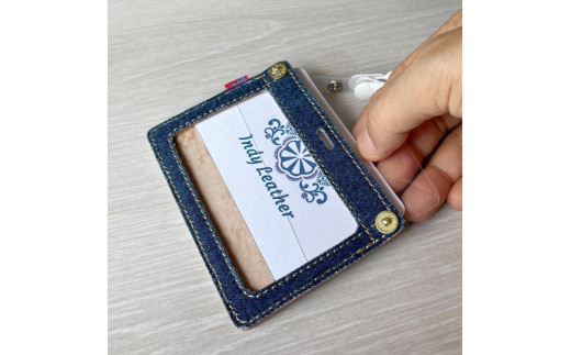 【ブルー】福山デニムとジビエレザー の名札・IDカードケース 広島県福山市/インディレザー ケース 名札 本革 レザー おしゃれ デニム [BAAN006]