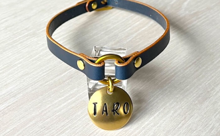 迷子札 藍染レザーの迷子札チョーカー 広島県福山市/インディレザー 迷子札 本革 レザー 首輪 犬 猫 [BAAN009]