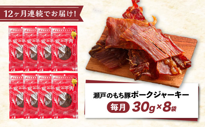 【全12回定期便】肉「瀬戸のもち豚」ポークジャーキー 8袋(30g/袋) 広島県福山市/日本畜産株式会社 ジャーキー おつまみ 肴  ジャーキー ギフト 常温 [BAER058]
