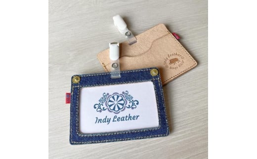 【ブルー】福山デニムとジビエレザー の名札・IDカードケース 広島県福山市/インディレザー ケース 名札 本革 レザー おしゃれ デニム [BAAN006]