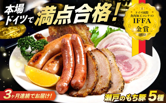 【全3回定期便】「瀬戸のもち豚」IFFA2022金賞受賞5点セット 広島県福山市/日本畜産株式会社 ハム ベーコン ソーセージ ウインナー 詰め合わせ ギフト [BAER073]