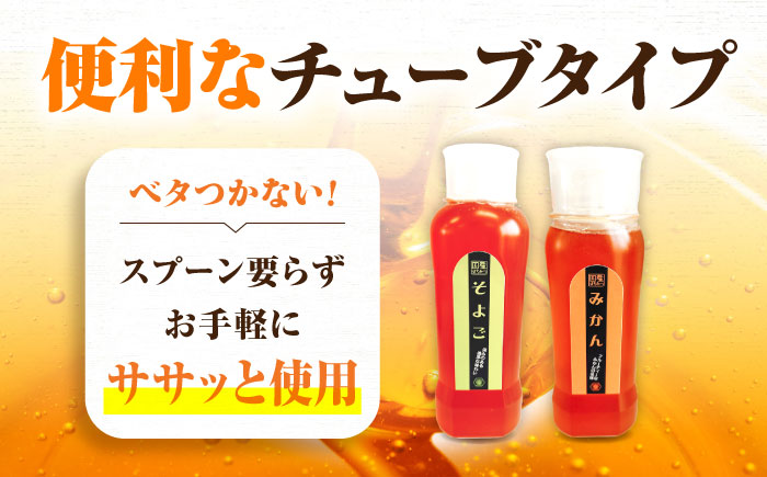 手軽に簡単チューブはちみつ（みかん・そよご）500g×2種 計2本セット  ハニー お取り寄せ グルメ 産地直送 ふるさと納税 ギフト プレゼント スーパーフード パンケーキ ヨーグルト 三次市/重森養蜂場 [APBO006]