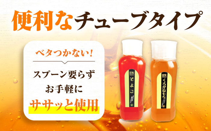 手軽に簡単チューブはちみつ（そよご・くろがねもち）500g×2種 計2本セット  ハニー お取り寄せ グルメ 産地直送 ふるさと納税 ギフト プレゼント スーパーフード パンケーキ ヨーグルト 三次市/重森養蜂場 [APBO008]