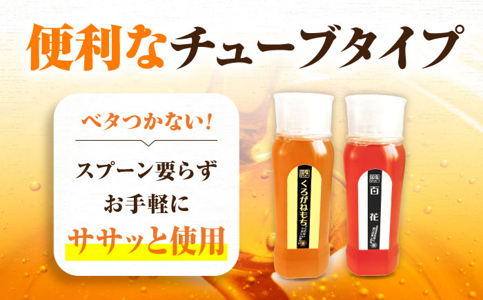 手軽に簡単チューブはちみつ（百花・くろがねもち）250g×2種 計2本セット  ハニー お取り寄せ グルメ 産地直送 ふるさと納税 ギフト プレゼント スーパーフード パンケーキ ヨーグルト 三次市/重森養蜂場 [APBO011]