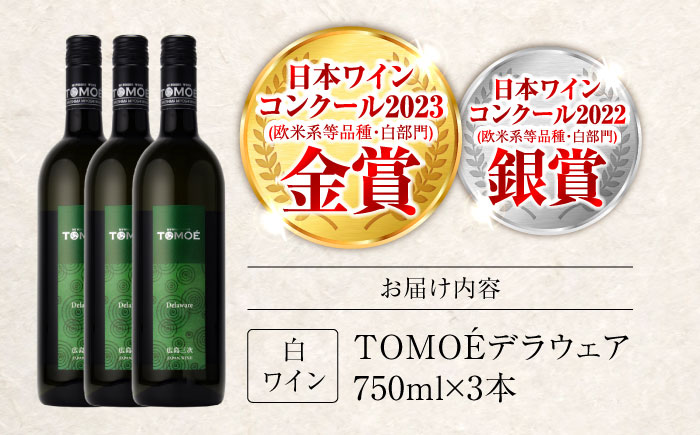 TOMOEデラウェア 白ワイン やや辛口 750ml×3本 ワイン 受賞 ギフト 広島 人気 おうち ディナー ランチ お酒 パーティー わいん 三次市 / 広島三次ワイナリー [APAZ090]