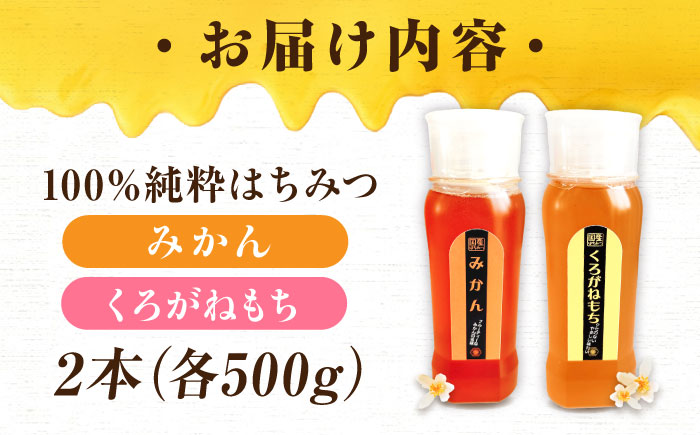 手軽に簡単チューブはちみつ（みかん・くろがねもち）500g×2種 計2本セット  ハニー お取り寄せ グルメ 産地直送 ふるさと納税 ギフト プレゼント スーパーフード パンケーキ ヨーグルト 三次市/重森養蜂場 [APBO007]