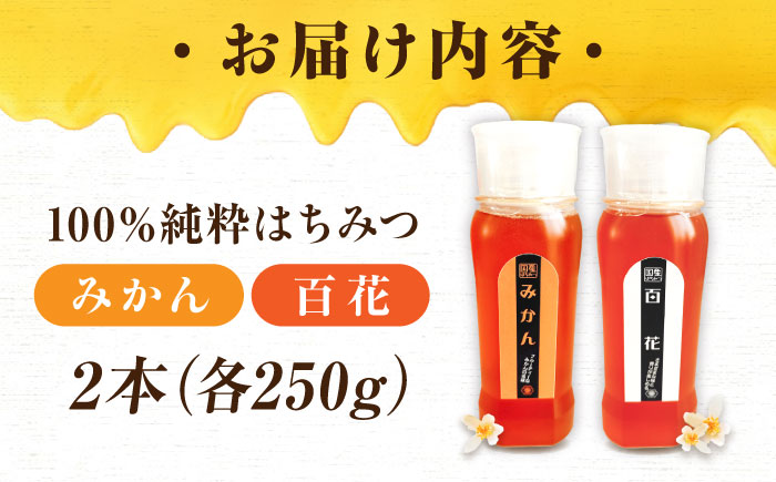 手軽に簡単チューブはちみつ（百花・みかん）250g×2種 計2本セット  ハニー お取り寄せ グルメ 産地直送 ふるさと納税 ギフト プレゼント スーパーフード パンケーキ ヨーグルト 三次市/重森養蜂場 [APBO009]