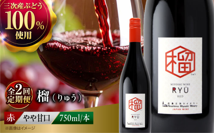 【全2回定期便】 榴 ~りゅう~ RYU 750ml×1本 赤ワイン ワイン やや甘口 ギフト 広島 三次 酒 国産ワイン 日本ワイン 三次市 / 広島三次ワイナリー [APAZ137]