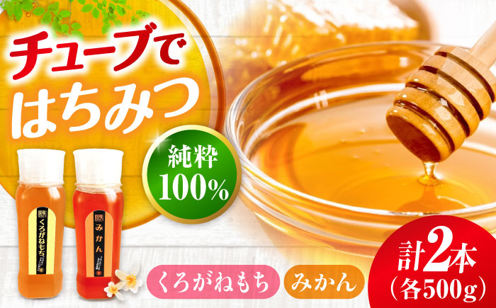 手軽に簡単チューブはちみつ（みかん・くろがねもち）500g×2種 計2本セット  ハニー お取り寄せ グルメ 産地直送 ふるさと納税 ギフト プレゼント スーパーフード パンケーキ ヨーグルト 三次市/重森養蜂場 [APBO007]