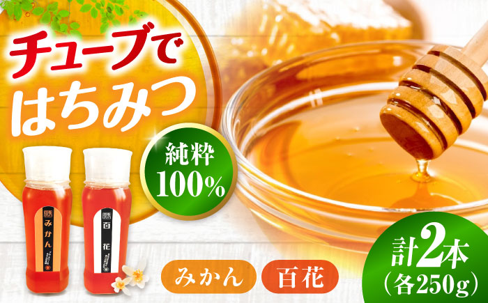 手軽に簡単チューブはちみつ（百花・みかん）250g×2種 計2本セット  ハニー お取り寄せ グルメ 産地直送 ふるさと納税 ギフト プレゼント スーパーフード パンケーキ ヨーグルト 三次市/重森養蜂場 [APBO009]