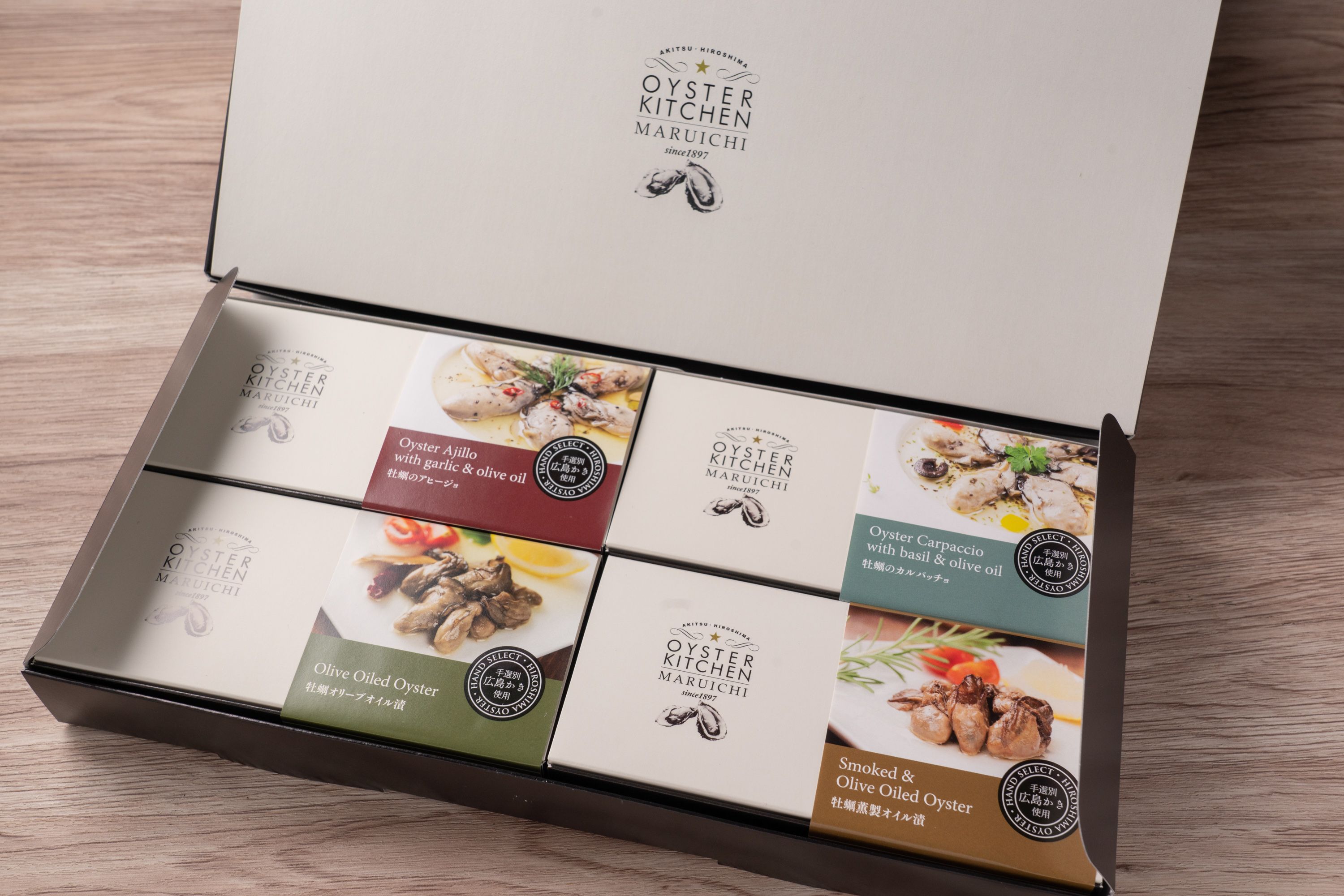 広島安芸津産　牡蠣オリーブオイル漬け　小箱4種セット