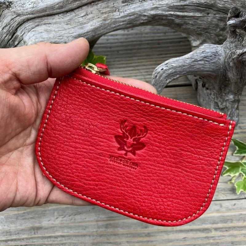 広島ジビエレザー　東広島産天然鹿革　本革ファスナー小銭入れ お札もカードも入るコインケース　【03レッド】