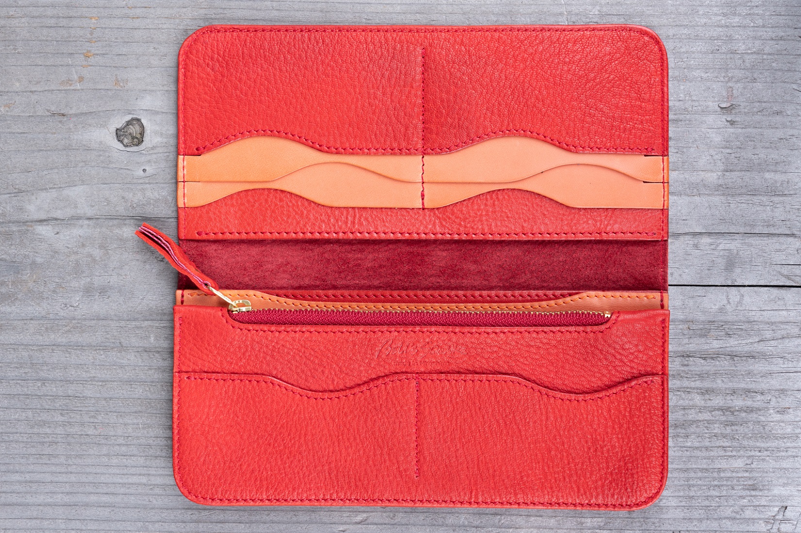 広島ジビエレザー東広島産天然鹿革　軽くて柔らかく手使いやすい本革スタンダード長財布　【03レッド】