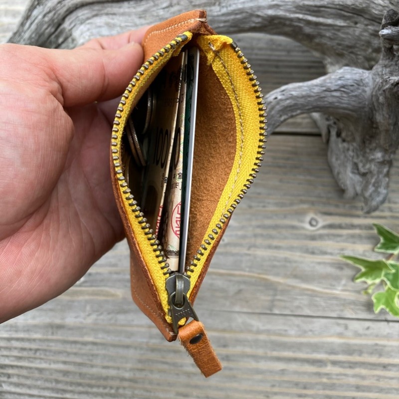 広島ジビエレザー　東広島産天然鹿革　本革ファスナー小銭入れ お札もカードも入るコインケース　【02キャメル】