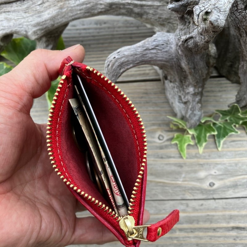 広島ジビエレザー　東広島産天然鹿革　本革ファスナー小銭入れ お札もカードも入るコインケース　【03レッド】