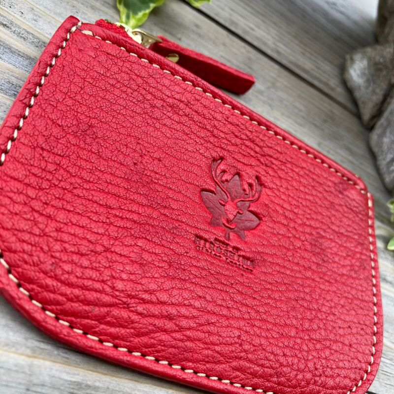 広島ジビエレザー　東広島産天然鹿革　本革ファスナー小銭入れ お札もカードも入るコインケース　【03レッド】