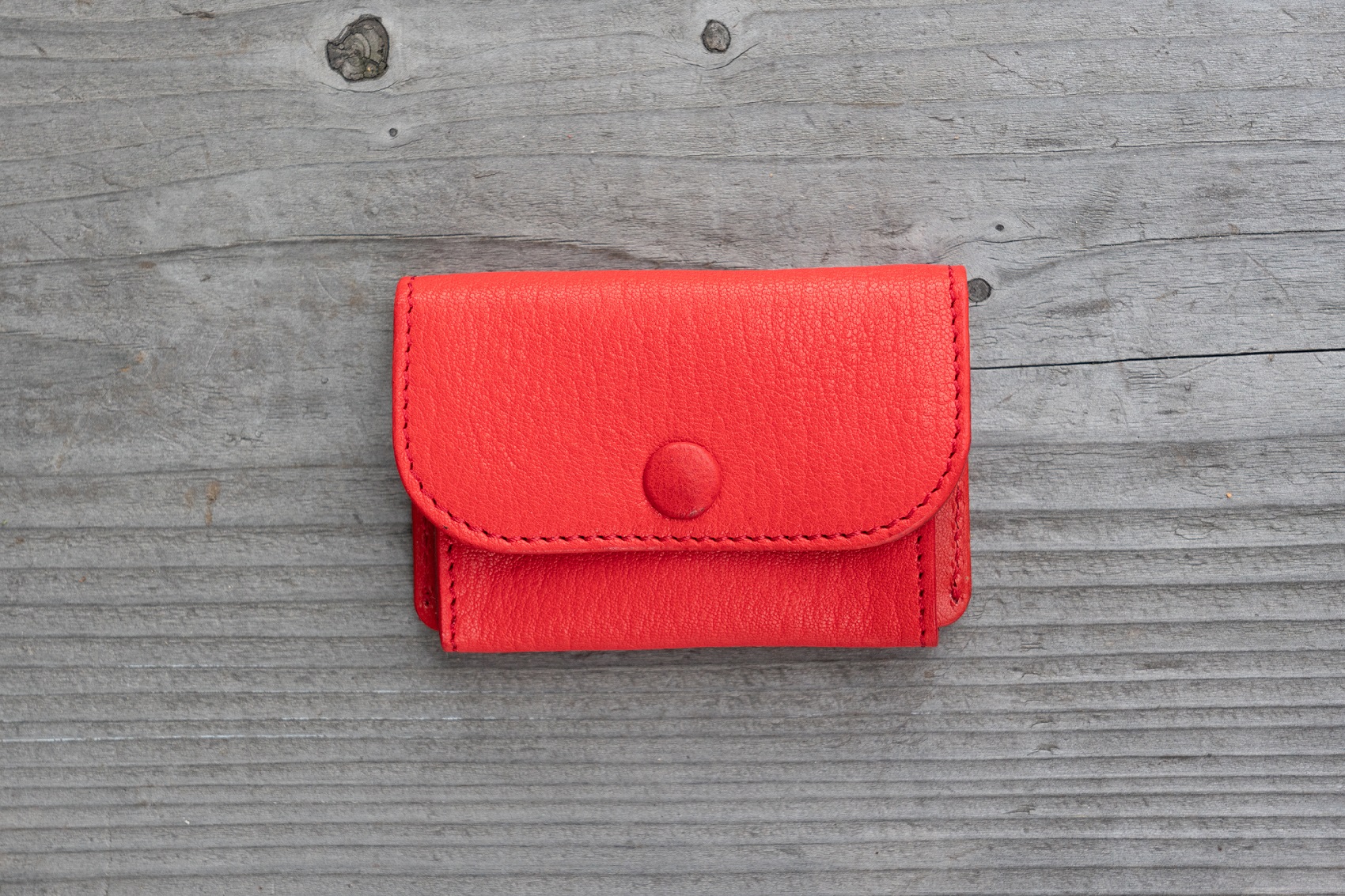 広島ジビエレザー　東広島産天然鹿革　ミニマム財布　お札もカードも小銭もオールインタイプ　【03レッド】