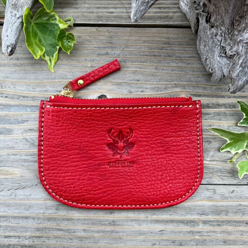 広島ジビエレザー　東広島産天然鹿革　本革ファスナー小銭入れ お札もカードも入るコインケース　【03レッド】