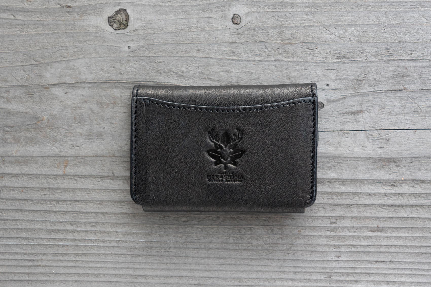 広島ジビエレザー　東広島産天然鹿革　ミニマム財布　お札もカードも小銭もオールインタイプ【01ブラック】