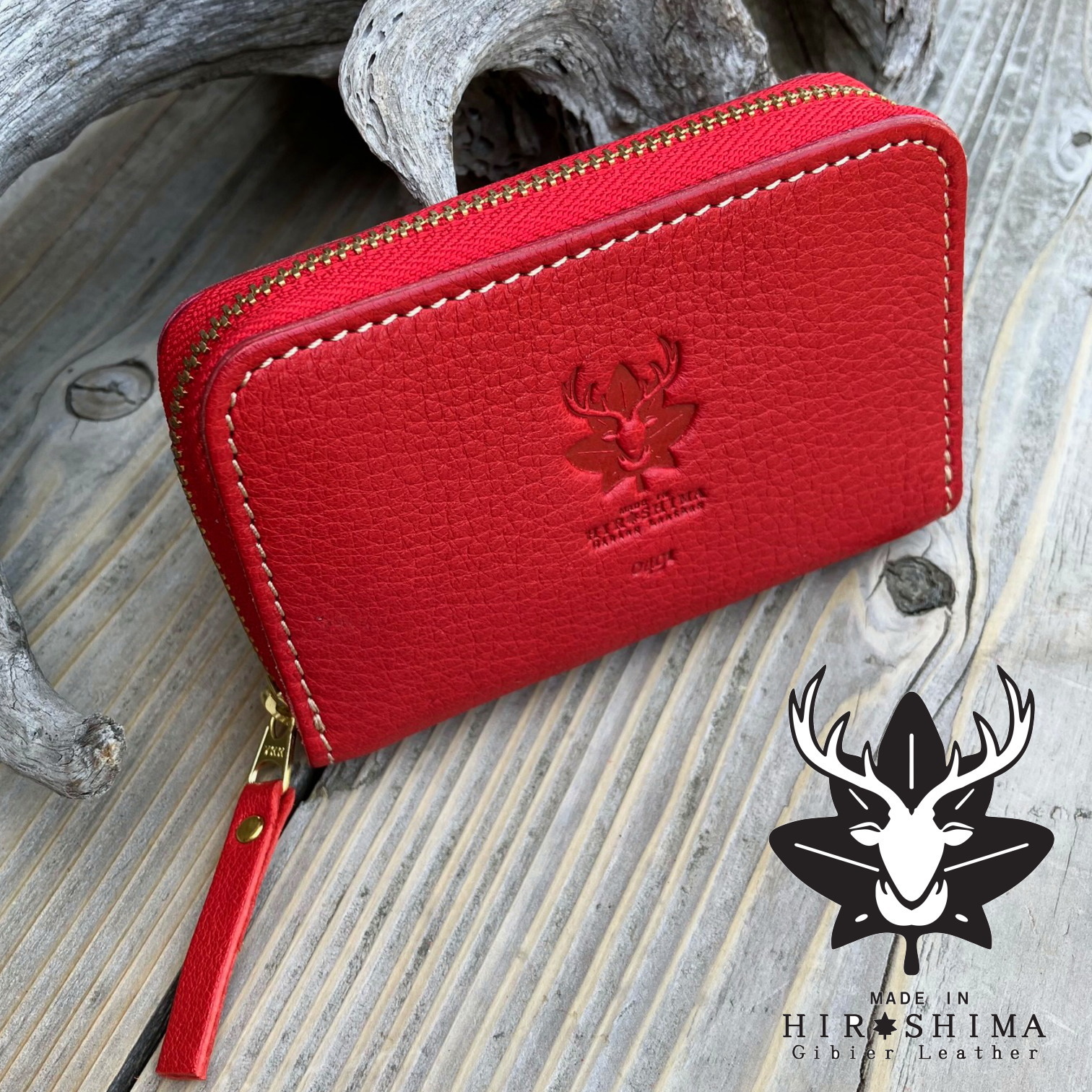 広島ジビエレザーラウンドジップミニ財布　【03レッド】