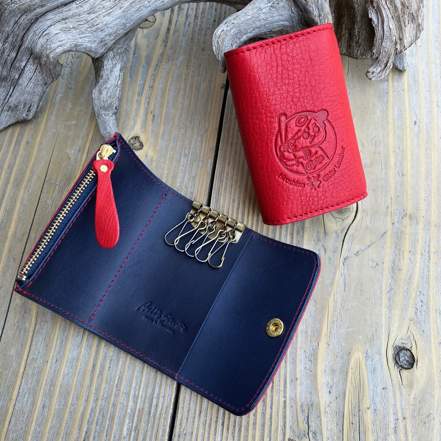 【広島ジビエレザー×広島東洋カープ】東広島産天然鹿革　ミニ財布機能が付いた5連キーケース　カープ坊や　ジビエ革