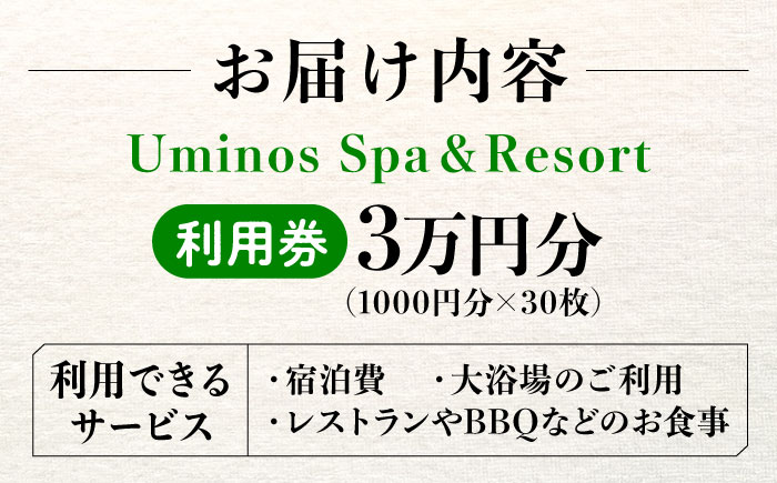 体験 宿泊券 温泉 絶景オーシャンビューホテル！ 『Uminos』 利用券 3万円分（1000円分×30枚） 温泉 ホテル 旅行 旅館 宿泊券 健康 ギフト プレゼント 江田島市/Uminos Spa&Resort [XBZ003] 旅行・体験