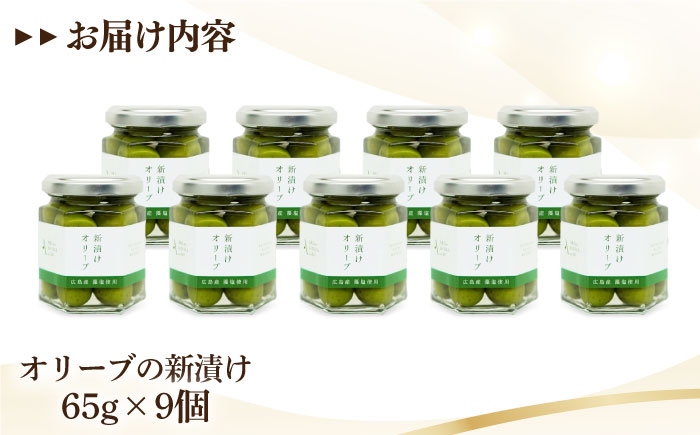 フレッシュな香り！【期間限定】瀬戸内のオリーブと天然塩の風味感じるオリーブの新漬け 65g×9個 調味料 油 江田島市/リベラグループ株式会社 [XAJ100] オリーブオイル