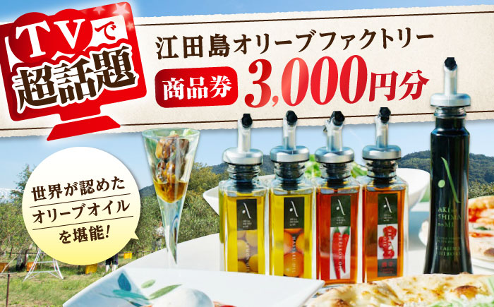 絶品オリーブオイルを江田島で！ 『江田島オリーブファクトリー』 商品券 3000円分（1000円分×3枚） オリーブオイル ドレッシング 食用油 ギフト 簡単 レシピ 国産 広島県産 江田島市/リベラグループ株式会社 [XAJ094] オリーブオイル