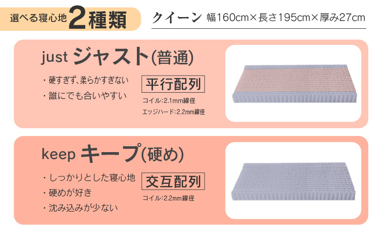 マットレス クイーン 咲夜No Way! 源ベッド ポケットコイル 6.7インチ ピロートップ仕様 選べる2種の寝心地 圧縮梱包 クイーン（幅160x長さ195x厚み27cm）