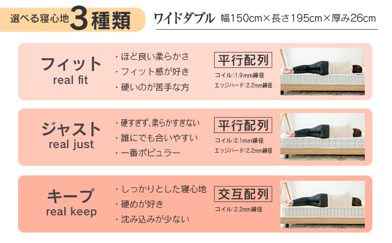 マットレス ワイドダブル 咲夜レアル 源ベッド ポケットコイル 6.7インチ 選べる3種の寝心地 圧縮梱包 両面仕様 ワイドダブル（幅150x長さ195x厚み26cm）