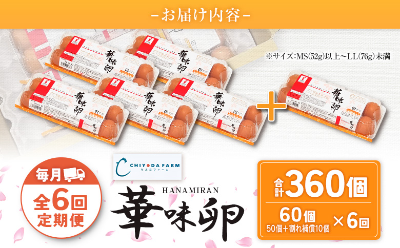 『定期便』全6回 たまご 華味卵 60個（50個＋割れ補償10個）毎月届く定期便 ちよだファームの華味卵 はなみらん 【定期便】60個 × 6回