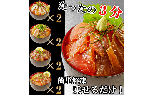 【12ヶ月 定期便】漬け丼 4種×2パック 計8食セット | 定期便 漬け丼 海鮮 惣菜 冷凍 真空パック 小分け 海鮮丼 海鮮セット 詰め合わせ 旬の鮮魚 ハマチ カンパチ カツオ 鯖 サバ ヒラマサ 平政 マグロ アジ ヒラメ 鯛 漬け づけ丼 お茶漬け ごはん 山口県 宇部市