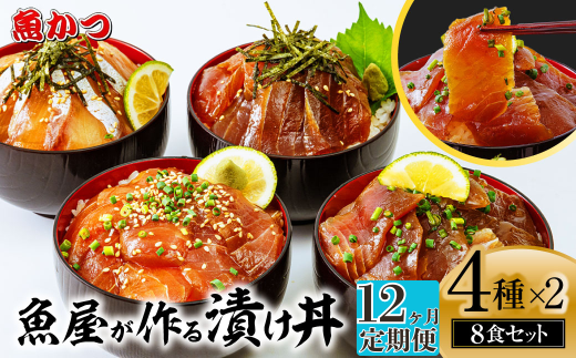 【12ヶ月 定期便】漬け丼 4種×2パック 計8食セット | 定期便 漬け丼 海鮮 惣菜 冷凍 真空パック 小分け 海鮮丼 海鮮セット 詰め合わせ 旬の鮮魚 ハマチ カンパチ カツオ 鯖 サバ ヒラマサ 平政 マグロ アジ ヒラメ 鯛 漬け づけ丼 お茶漬け ごはん 山口県 宇部市