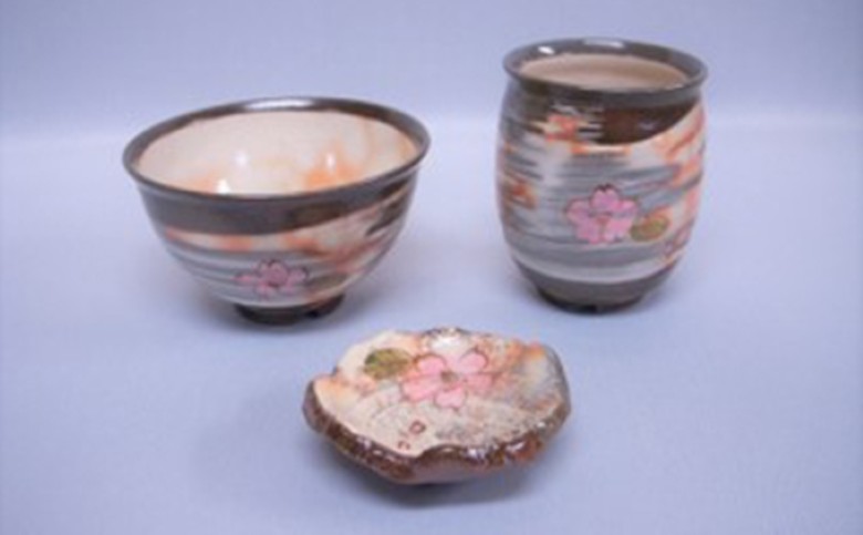 萩焼 ごはん茶碗 湯呑 箸置きセット(さくら)｜HG000088