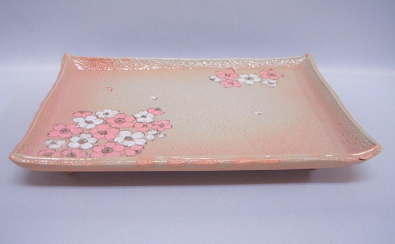萩焼 桜散し足付角皿(皿立て付き)｜HG000103