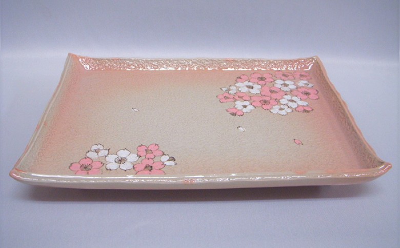 萩焼 桜散し足付角皿(皿立て付き)｜HG000103