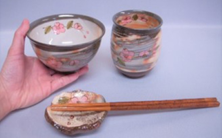 萩焼 ごはん茶碗 湯呑 箸置きセット(さくら)｜HG000088