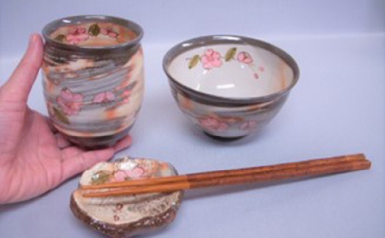 萩焼 ごはん茶碗 湯呑 箸置きセット(さくら)｜HG000088