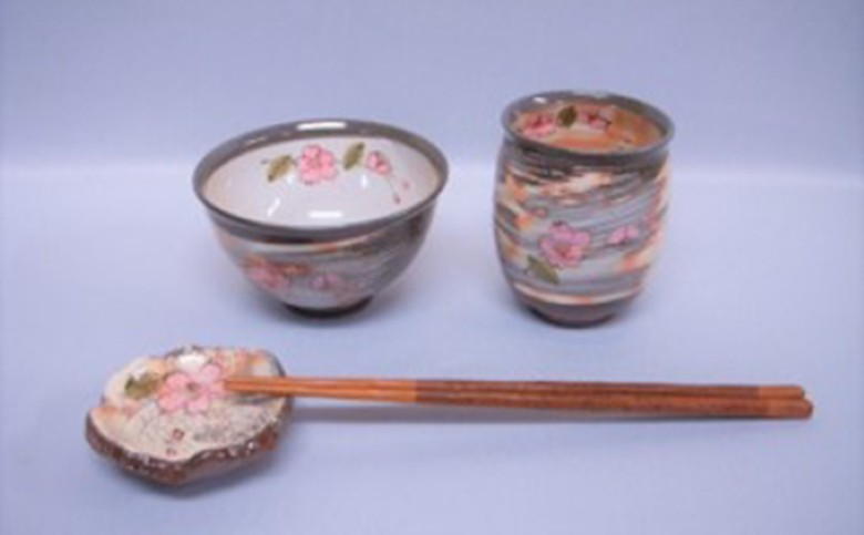 萩焼 ごはん茶碗 湯呑 箸置きセット(さくら)｜HG000088